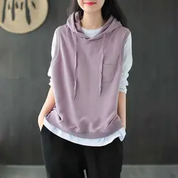 Women's Cotton Hooded Vest Spring and Autumn Korean Fashion Loose Sleeveless Jacket Leisure Women's Sleeveless Sweatshirt New