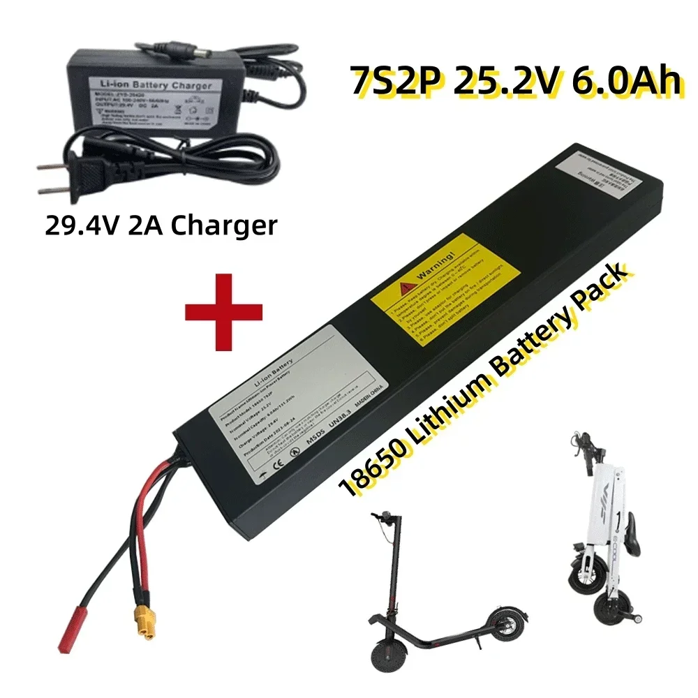 7S2P แบตเตอรี่แบบชาร์จไฟได้ Li-ion 18650 mAh 25.2V 6000mAh สำหรับรถจักรยานไฟฟ้าสกู๊ตเตอร์ทรงตัว + ที่ชาร์จ2A