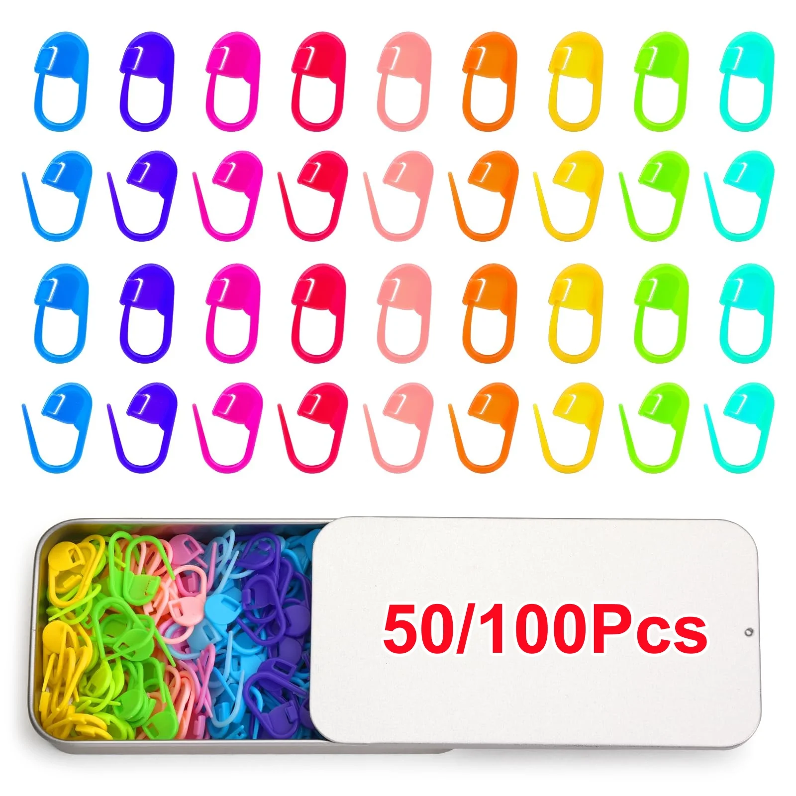 50/100Pcs Mix Color Plastic Resin Stitch Markers Reusable Knitting Markers with Sturdy Metal Storage Box for Knitting Lovers