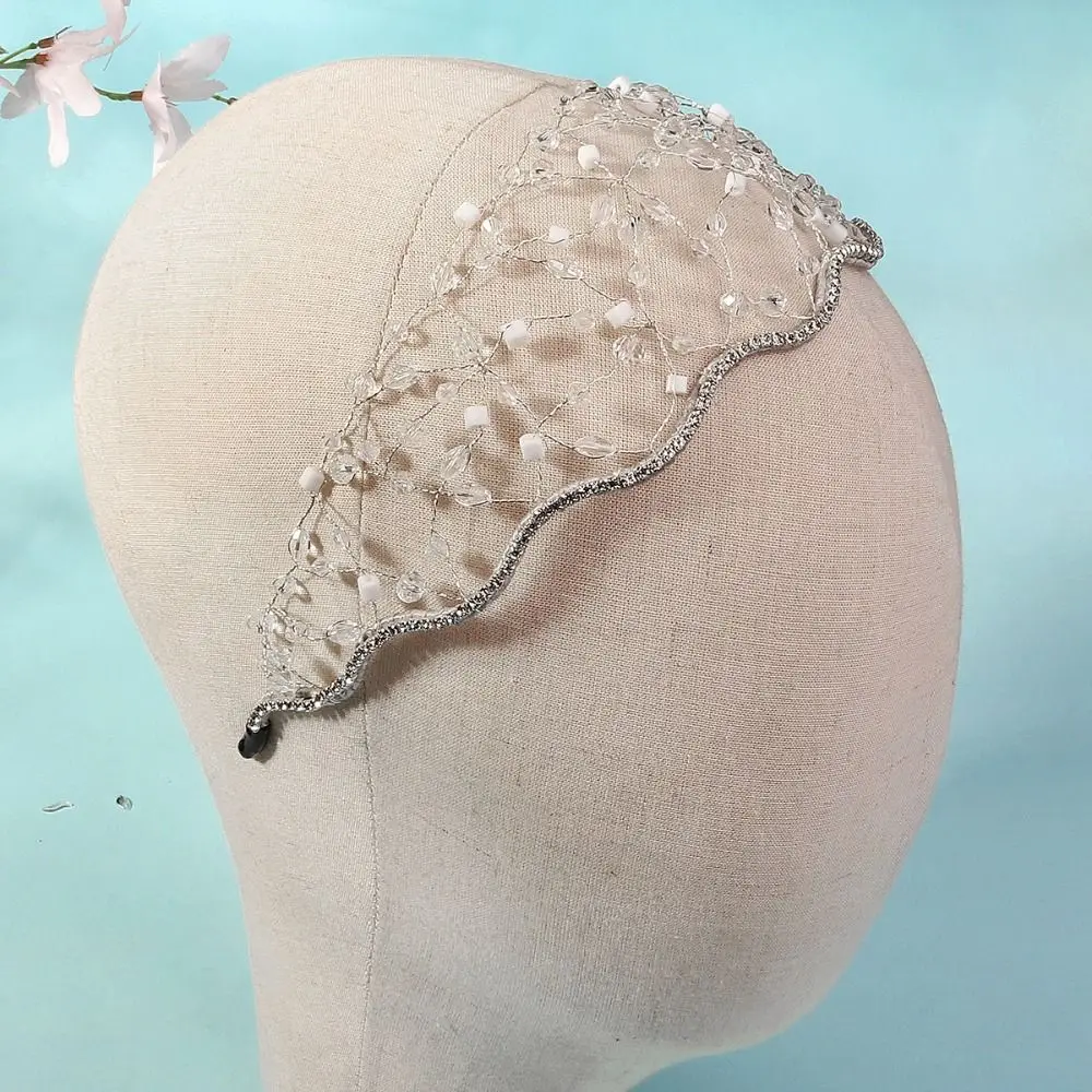 Handmade Crystal Beads Hair Net Crown Elegant Headbands Hair Jewelry Sparkling Rhinestone Tiara Luxury Hair Hoop