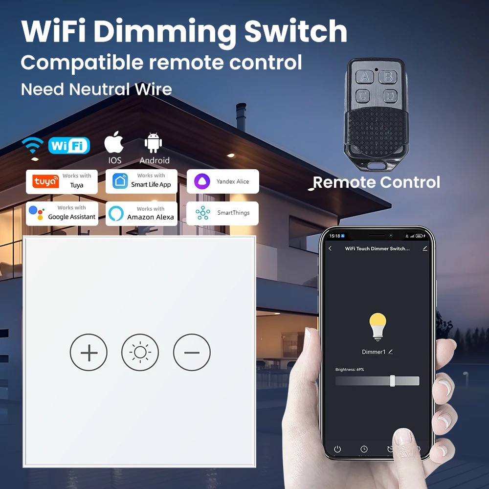 

Диммер Tuya Wi-Fi, пульт дистанционного управления ЕС, голосовое управление Smart Life, Alexa Google Home, нужен нейтральный провод