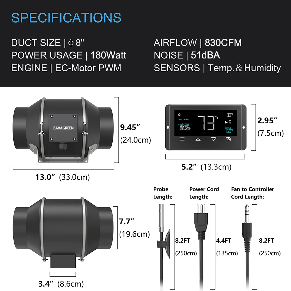 Hot Growing Indoor Plant Kit 8 Inch Smart Controller 830CFM Airflow Quiet EC In Line Duct Fan With Temperature Humidity Sensor