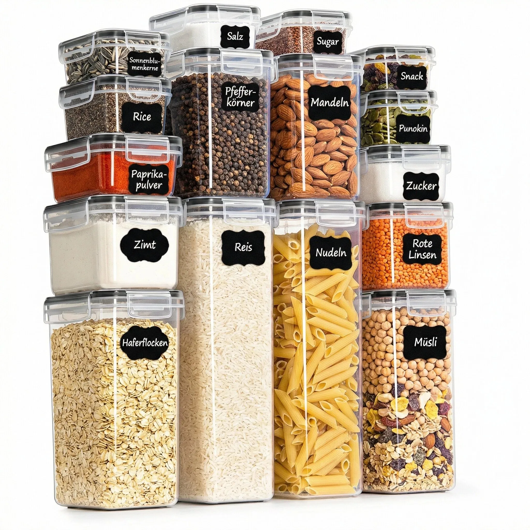 Recipientes Herméticos para Alimentos con Tapa Set de 16 – Organizadores de Cocina Sin BPA para Harina, Azúcar, Cereales, Especias y Pasta, Contenedores Apilables con Etiquetas y Rotulador