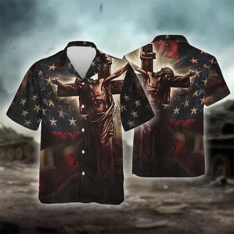 America Eagle Graphic Shirts For Men Clothes USA Veteran Beach Shirt Casual US Flag Short Sleeve Jesus Blouses Male Button Tops