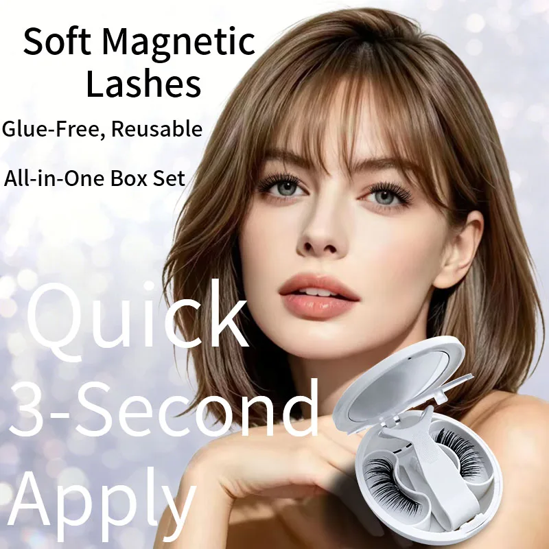 Soft Magnetic Eyelashes No Glue Needed Reusable 3D Natural Fluffy 1 Pair Faux Mink Kit with Mirror