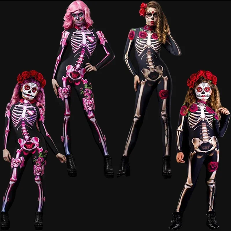 Day of The Dead Women Scary Ghost Costume Rose Skeleton Halloween Sexy Devil Jumpsuit Girl Carnival Party Clothing for Adult Kid