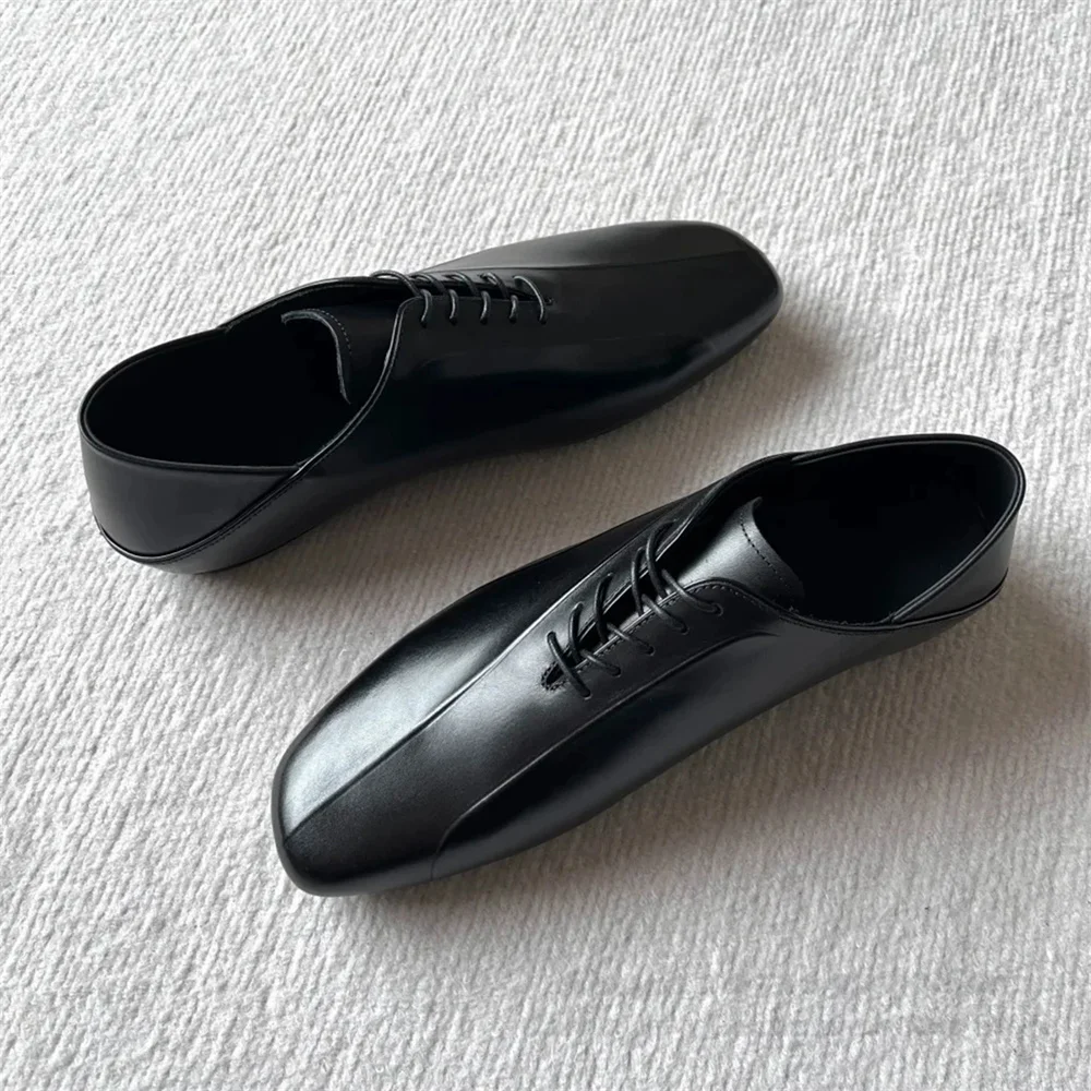 Square Toe Derby Shoes Men Thin Soled Soft Leather Casual Commuting Black Breathable Leather Shoes Can Be Stepped On The Heel