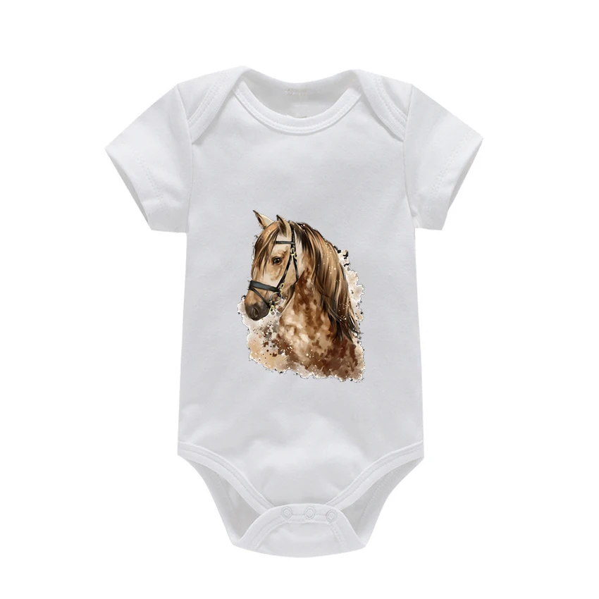 Newborn Baby White Short Sleeve Horse Print Outfit Infant Bodysuit Clothes Gift Customized Your Design Idea Cool DIY Or Logo