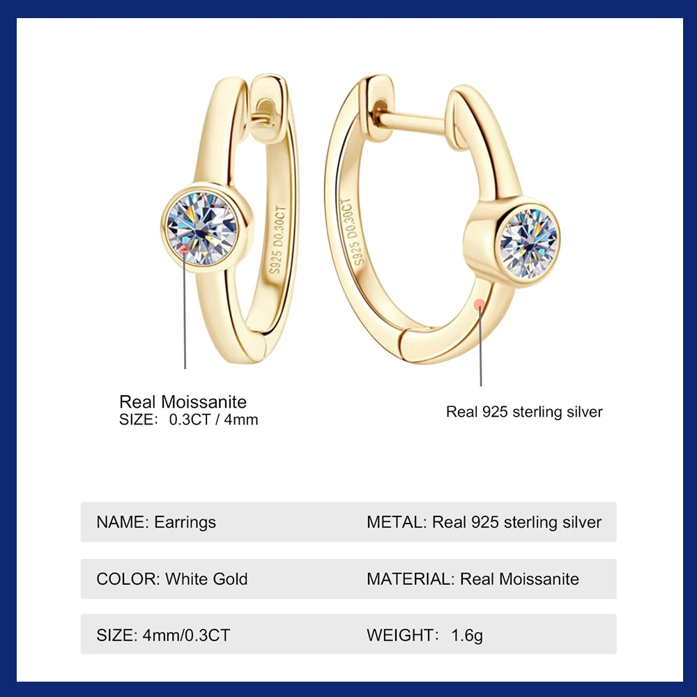 925 Silver Hoop Earrings 4mm Moissanite Earring for Women Original Certified Plated 18k Gold Jewelry Girl Gift GRA Certificate