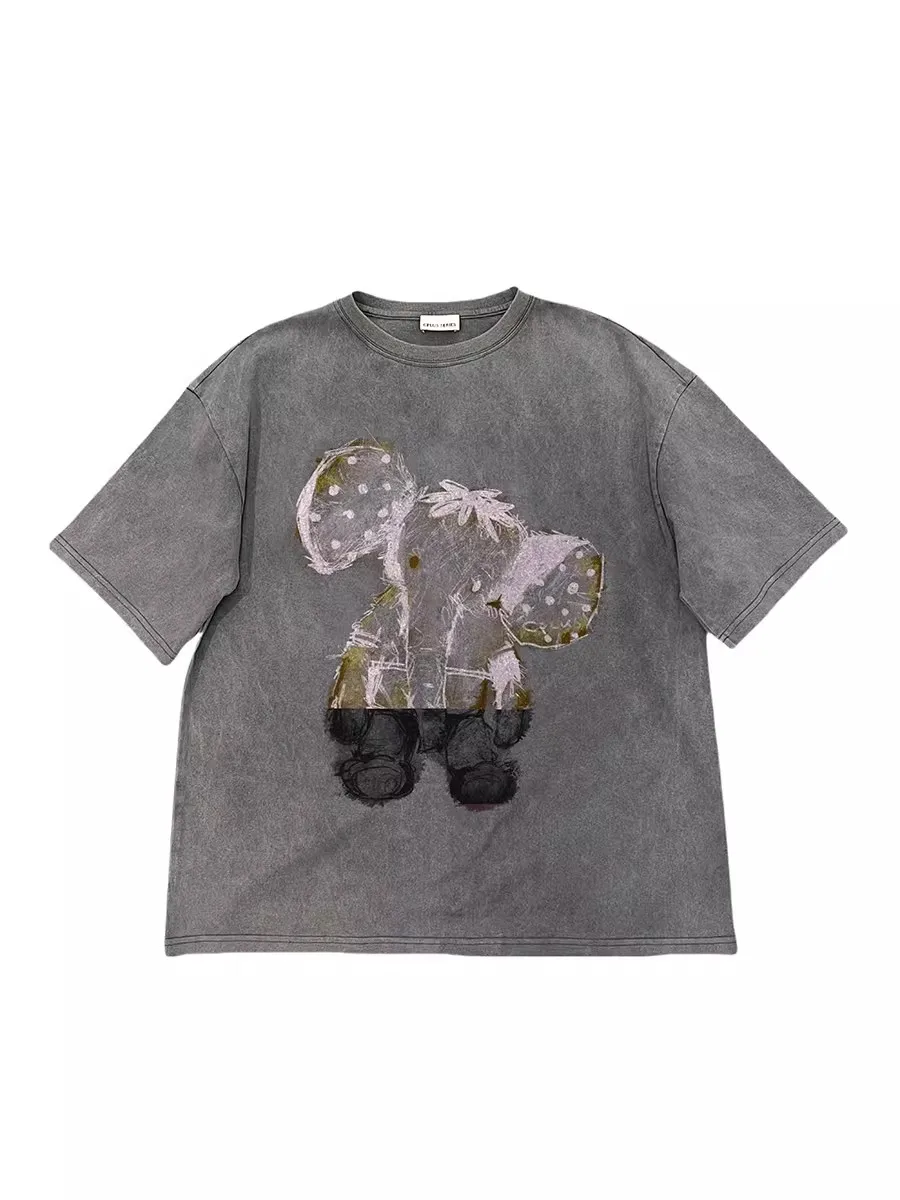 Vintage Grey Oversized T-shirt for Women, Cute Cartoon Elephant Print Casual Short Sleeve Tee, Loose Fit Streetwear Summer Tops