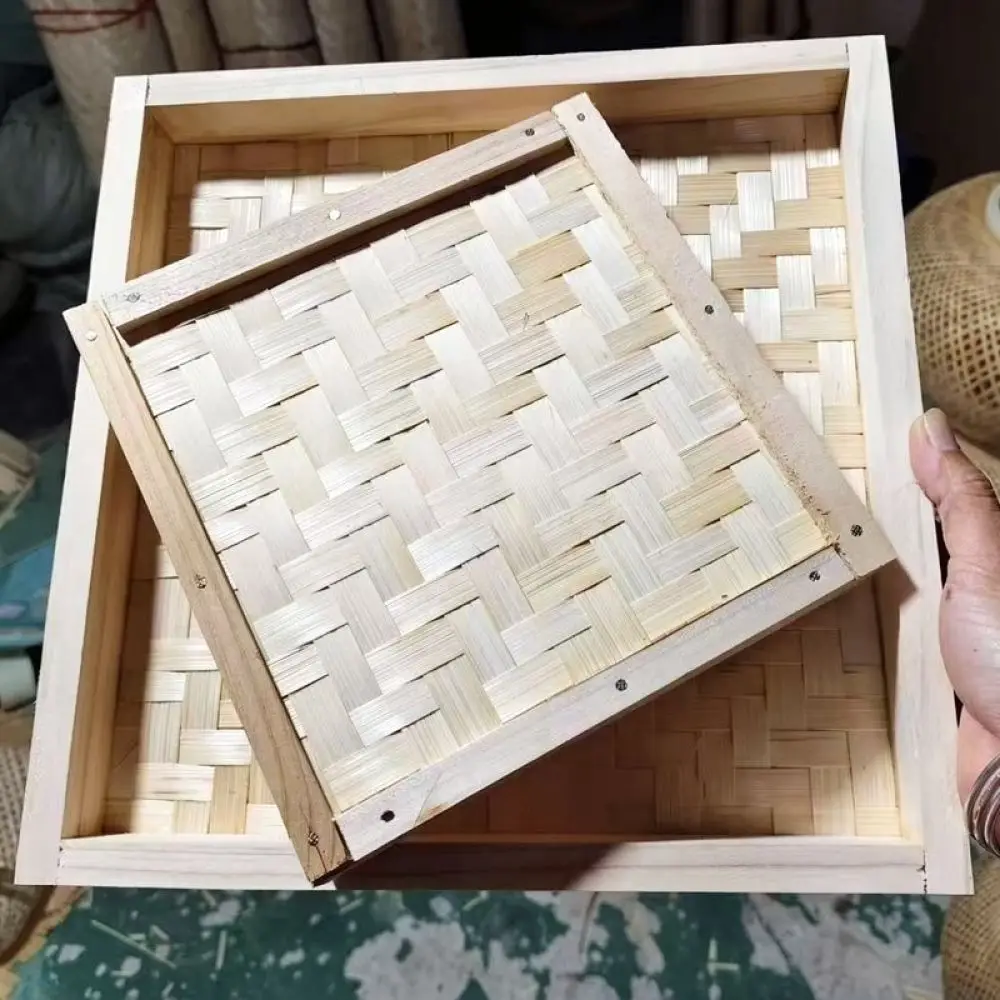 Natural Bamboo Food Sieve Basket Rectangular Handmade Woven Serving Tray Rustic Rustic Style Kitchen Storage Tool
