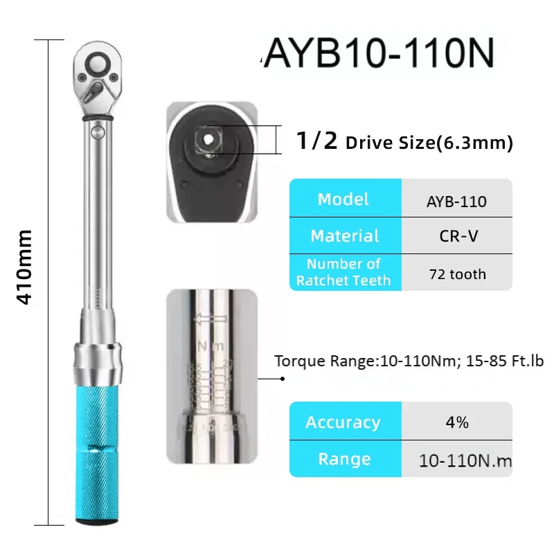 

ALIYIQI AYB 10-110N.M 1/2 дюйма квадратный привод с предустановленным крутящим моментом двусторонний торцевой ключ с храповым механизмом 3% ручной гаечный ключ инструменты для ремонта велосипеда