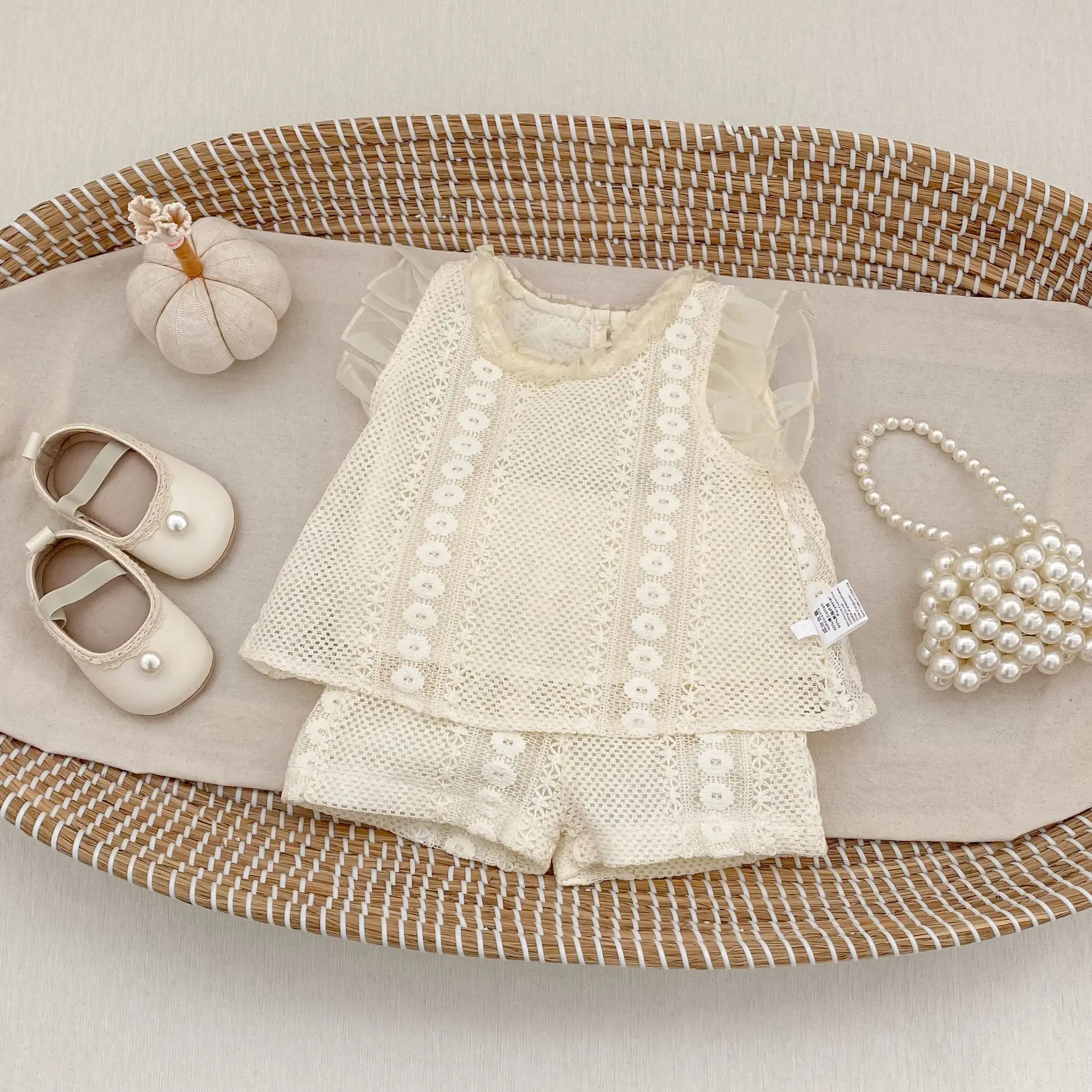 Summer New Children's Korean Style Set Girls' Thin Little Flutter Sleeve Hollow Out Flower Top and Pants Two-Piece Set