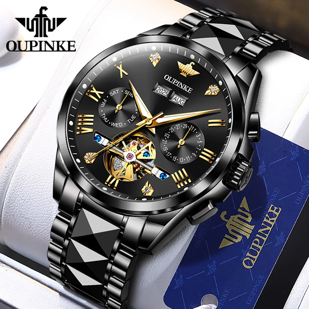 OUPINKE 3240 Black Tungsten steel Watch Man Classic Design Multifunctional Luxury Calendar 30M Waterproof Watches