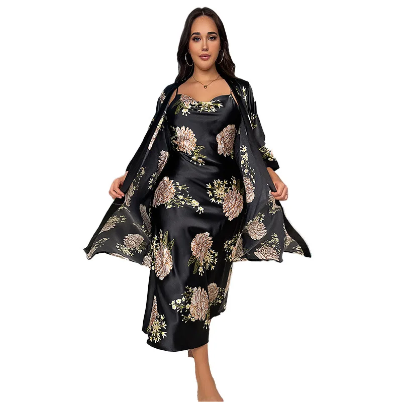 Oversize Female Long Kimono Bathrobe Gown Summer Satin Robe Nightgown Set Sleepwear Loose Print Flower Home Dress Lounge Wear