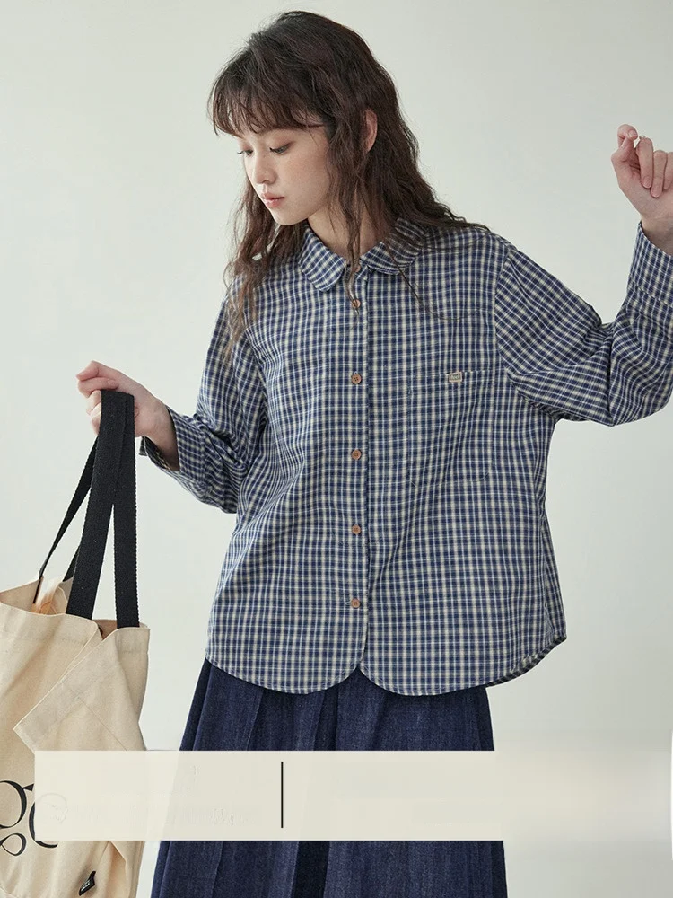 

Оригинальная женская рубашка AMUU с воротником-стойкой в клетку, длинным рукавом, из чистого хлопка, на пуговицах, для весны и осени, в корейском стиле, базовый слой