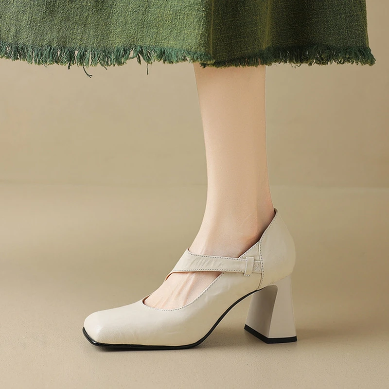 

NEW Spring/Autumn Women Pumps Split Leather Shoes for Women Square Toe Chunky Heel Shoes Shallow Slip-on High Heel Modern Shoes