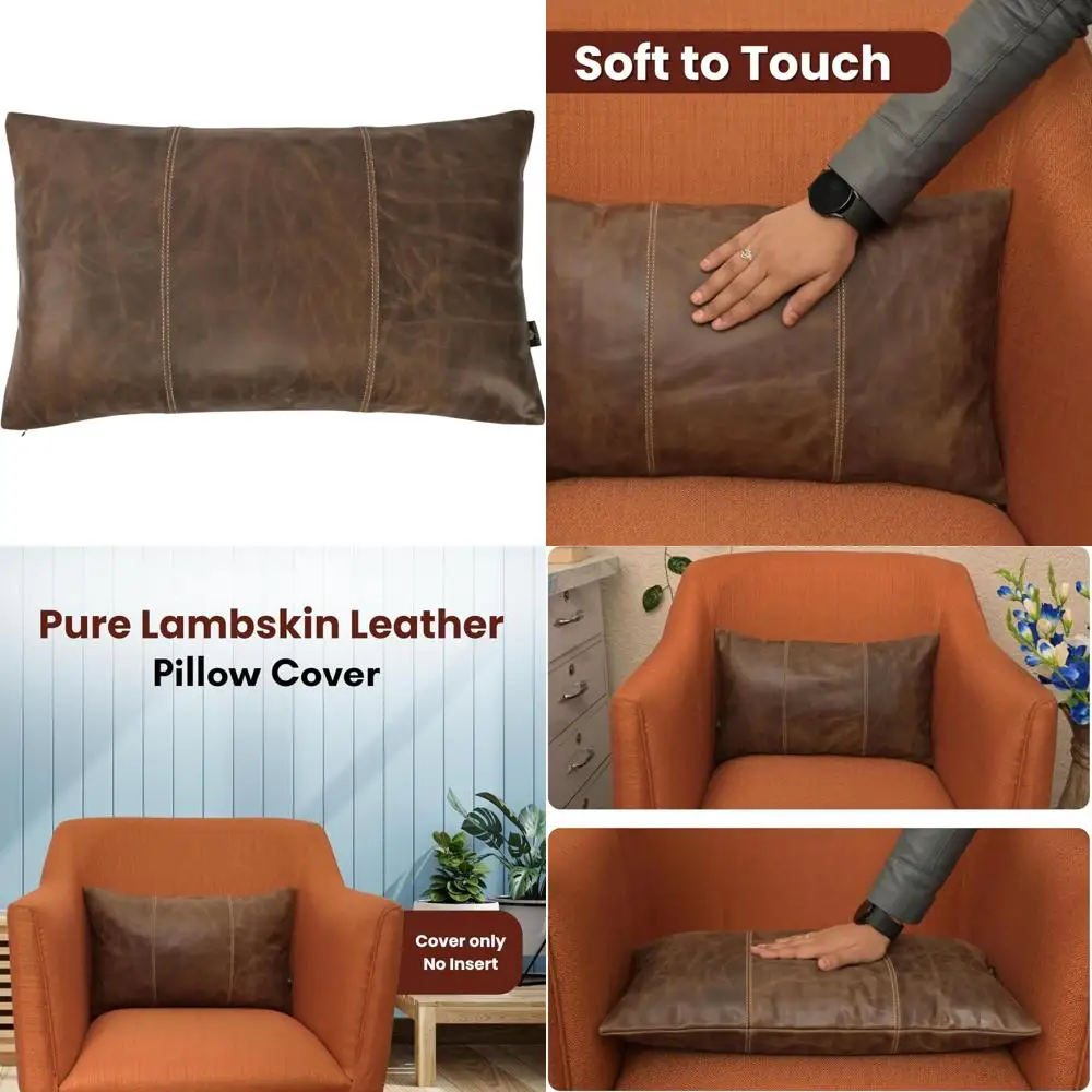 

100% Lambskin Leather Pillow Cover 10x18 Inch - Hand-Stitched with Hidden Zipper, Decorative Throw Pillow Case