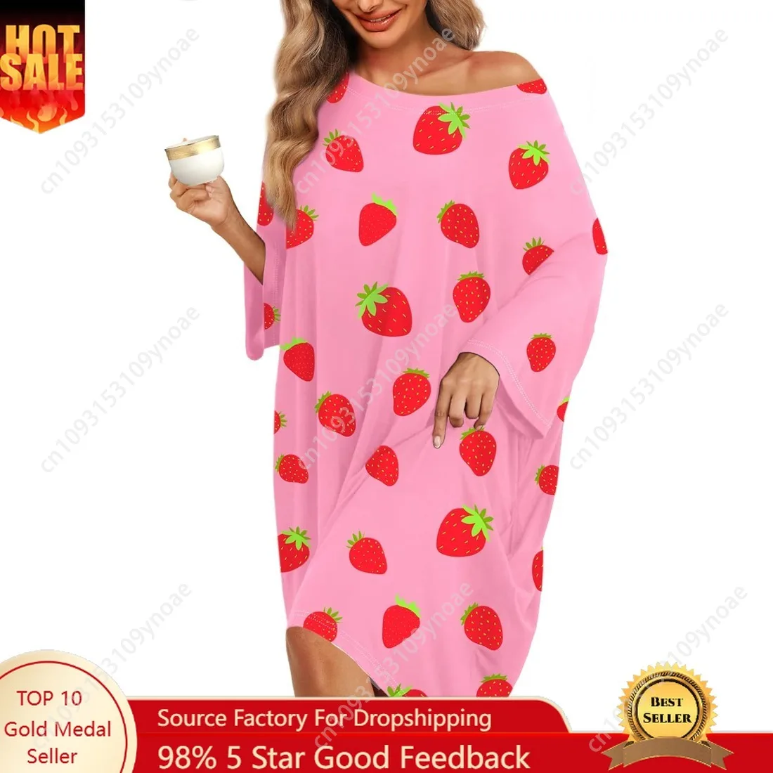 

Cartoon Strawberry One Piece Nightgown Casual Women Large Size Pajamas T Shirt Dress Short Sleeve Nightgowns with Pocket Fit