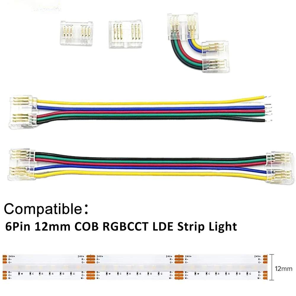 6-pinowe złącze RGBCCT COB LED Strip Light Connectors Quick Wire Connectors bez spawania dla 12mm PCB FCOB LED Tape Solderless Jointor