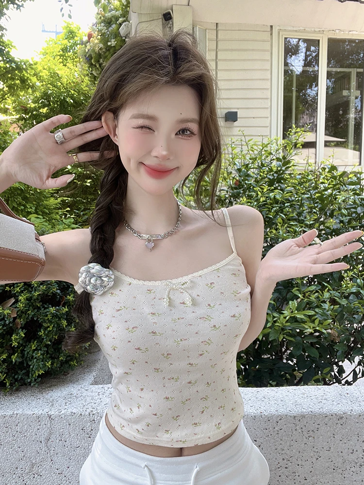 

Женский приталенный топ-жилет IcyNude с цветочным узором и жемчужными бретелями, новинка весны 2024, летний наряд