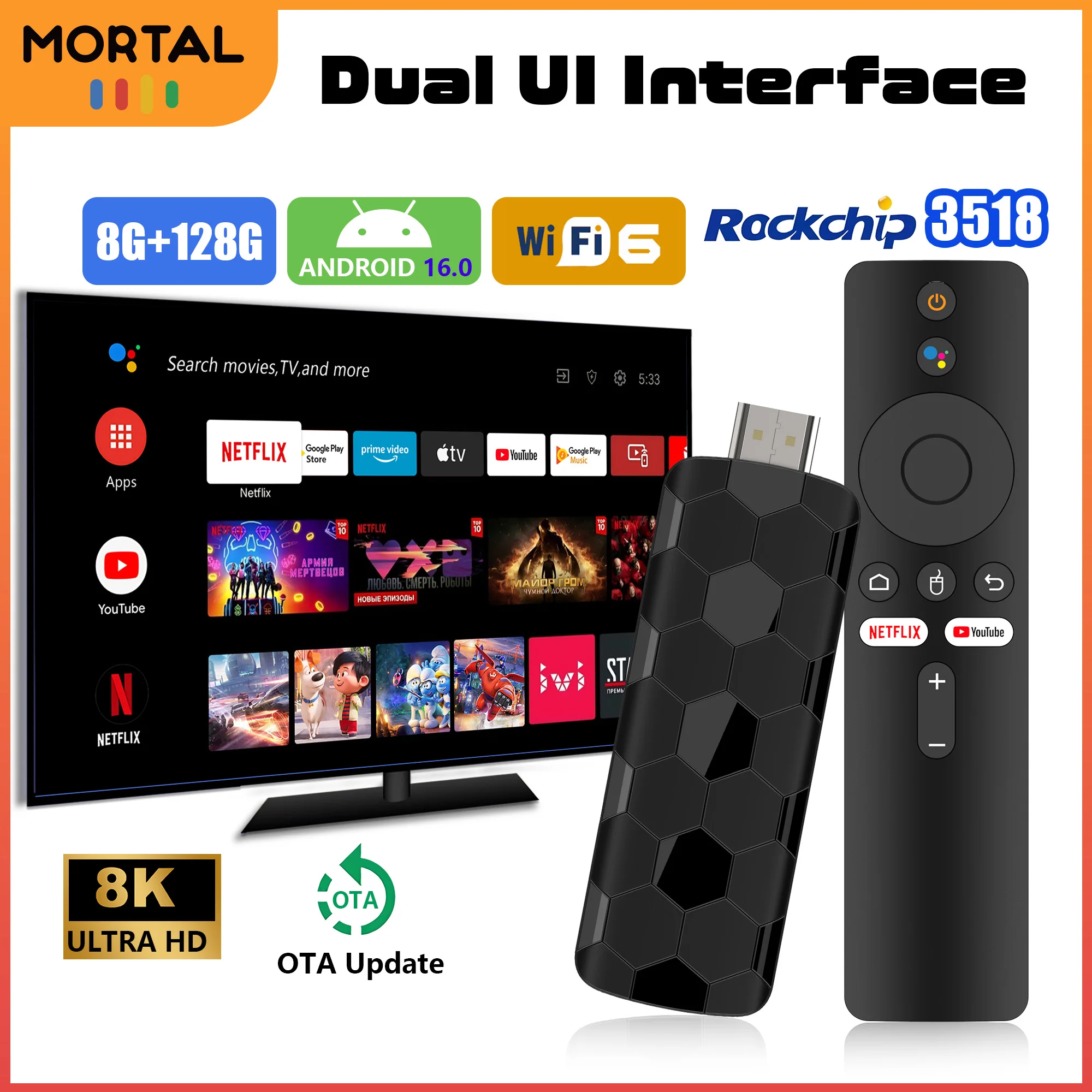 Mortal R3+ TV Stick Android 16 8G128GB Voice Remote Control  WiFi 6 Wireless HDMI H.264 Youtube 4K Display Home Theater Tv Box