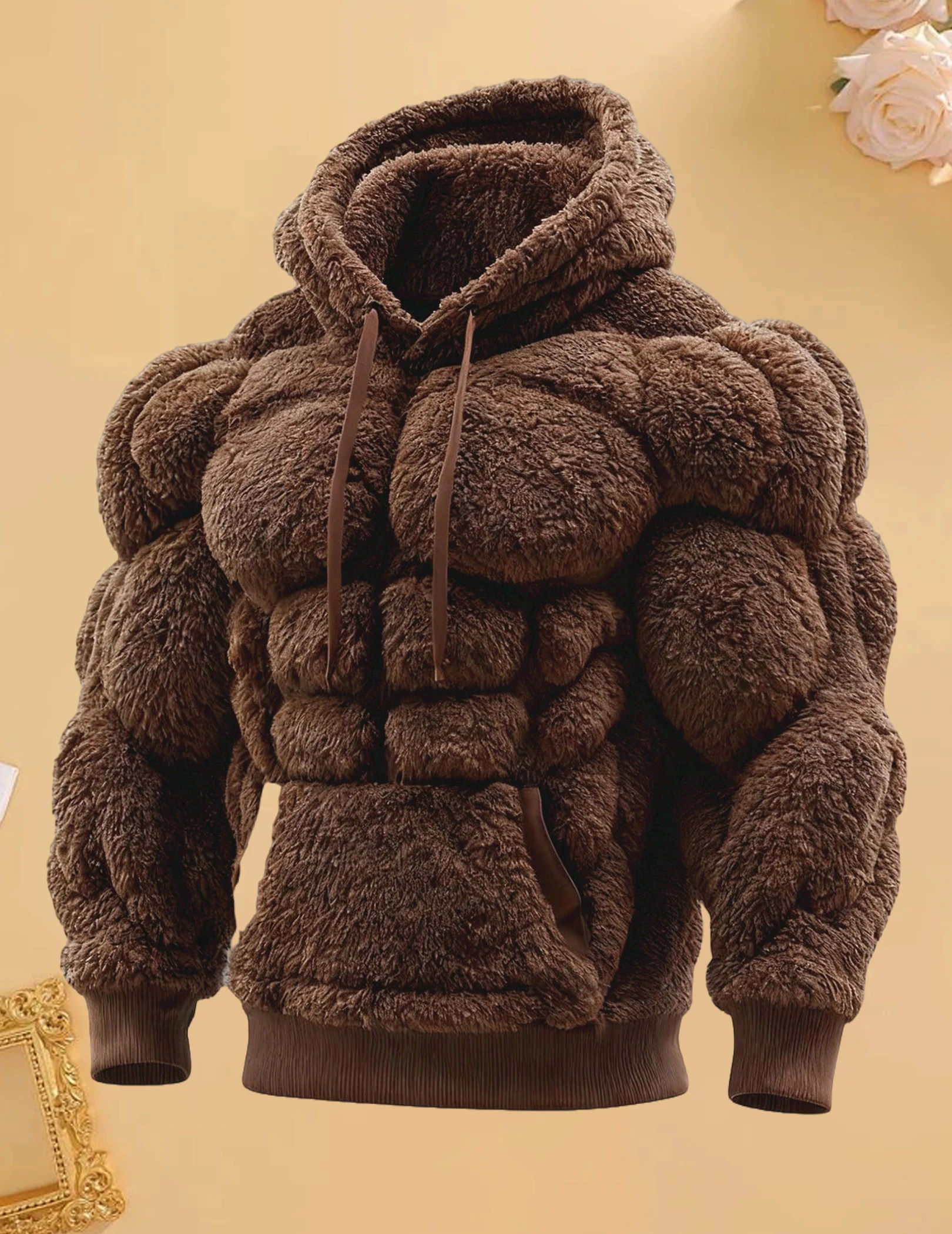 

Muscle Line Flannel Hooded 3D Muscle Fuzzy Cotton Hoodie Street Style Warm Sweatshirt Muscle Pattern Art Pullover for Men