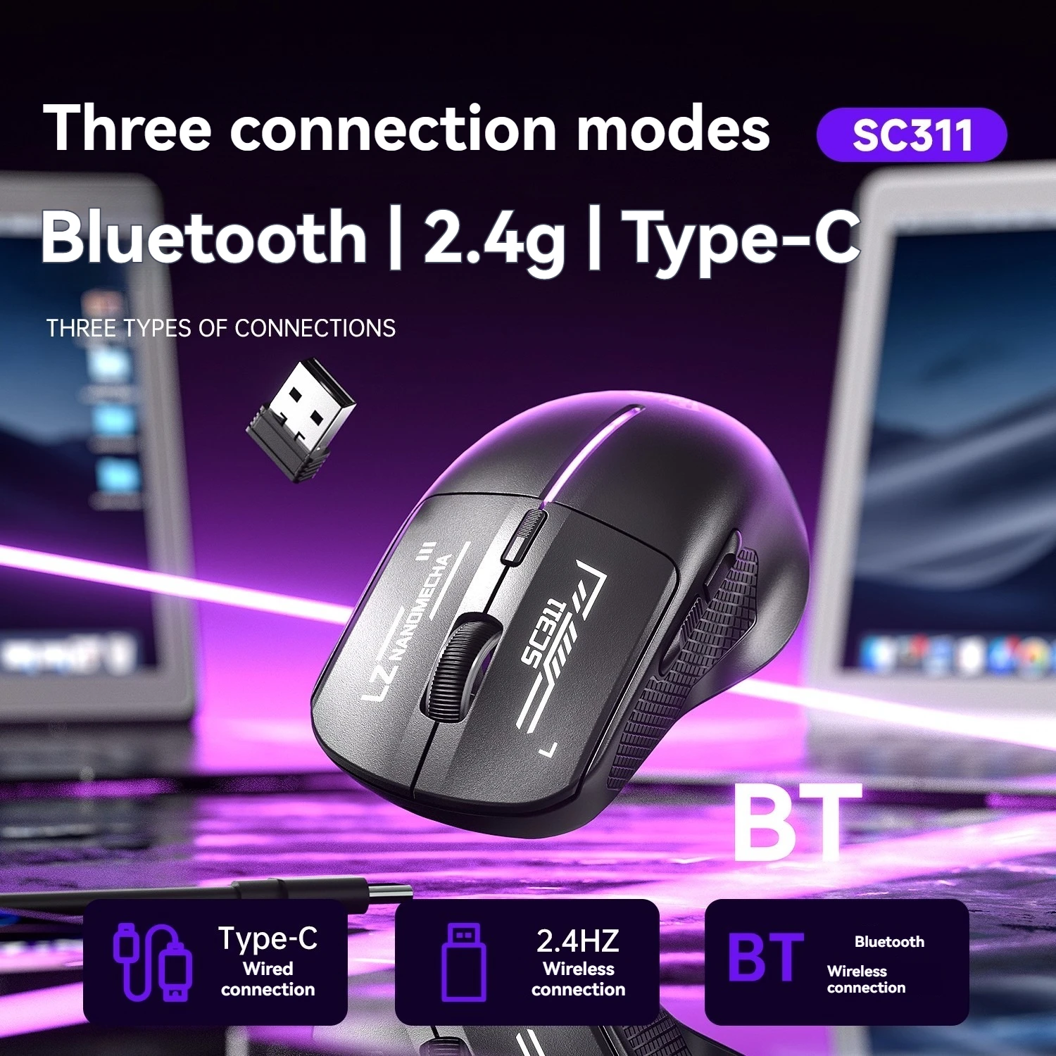 Aula SC311 Maus, kabellos/kabelgebunden, 3 Modi, 2,4 G, leichtes Design, 1 kHz, 10.000 DPI, RGB-Hintergrundbeleuchtung, Desktop-Gaming-/Büro-Maus