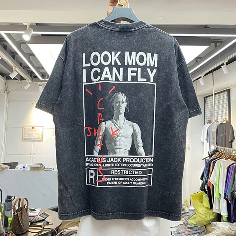 

Hip-hop Style Mexico Cactus Jack T-shirt Washed Black Men's Loose Tops Look Mom I Can Fly T-shirt CACTUS JACK Short Sleeve