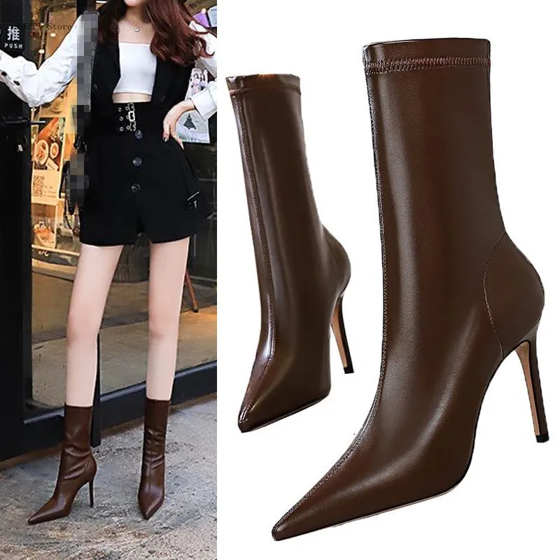 

EOEODOIT Calf Stiletto Heels Leather Boots Women Spring Autumn Winter Sock Booties Slip On Sexy Lady High Heels Pumps Shoes 9 CM