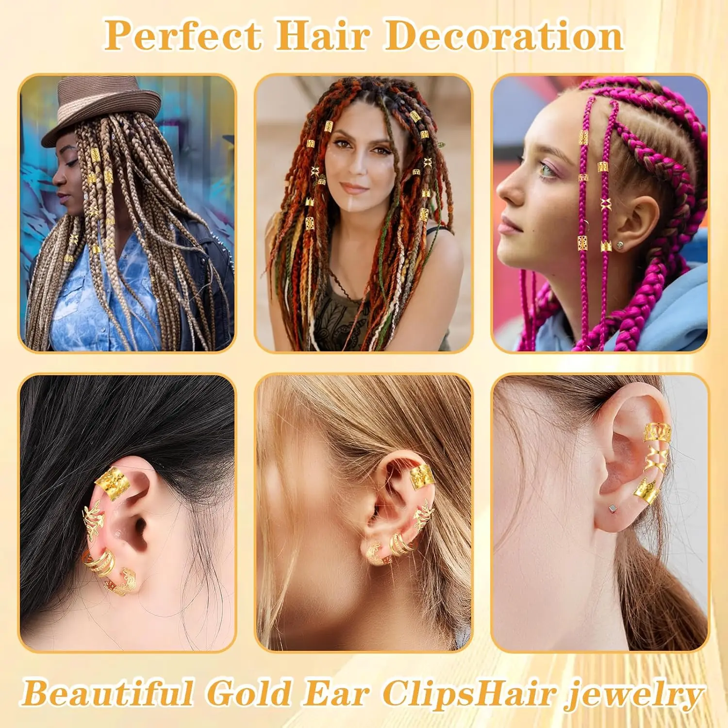 50 Pcs/Pack Gold/Silver Hair Cuffs Adjustable Metal Hair Jewelry Rings Hair Dreadlock Braid Accessories for Women Men Decoration