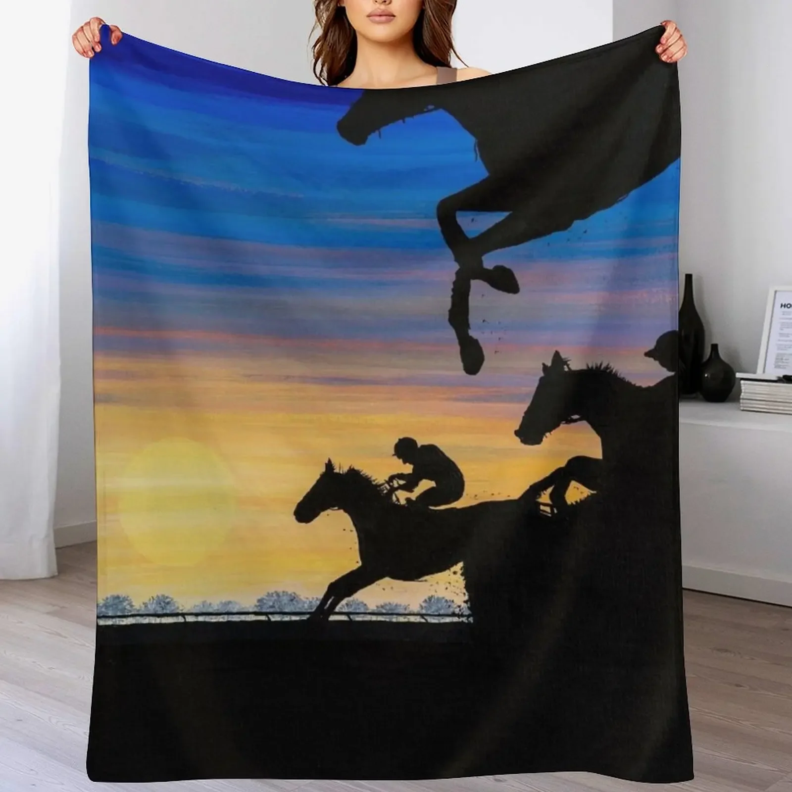 

New Newmarket Race Horses at Sunrise Painting Throw Blanket Soft Plush Blanket as Housewarming Gift