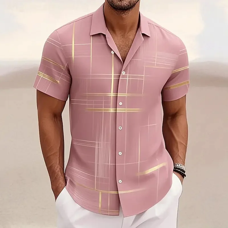 

Amazon New 3D Geometric Grid Printed Men's Shirt Flax Short Sleeve Shirt Fashion Casual Outdoor Vacation Streetwear Top S-5XL