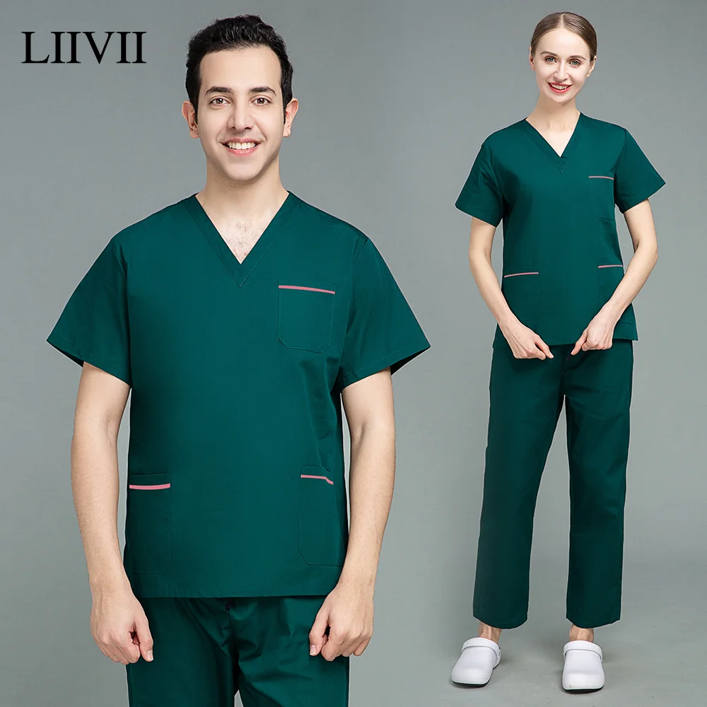 

Scrubs Medical Uniform 2021 Short Sleeved V-neck Pocket Care Workers Surgical Suits Tops+pants For Summer Lab Dustproof Uniforms