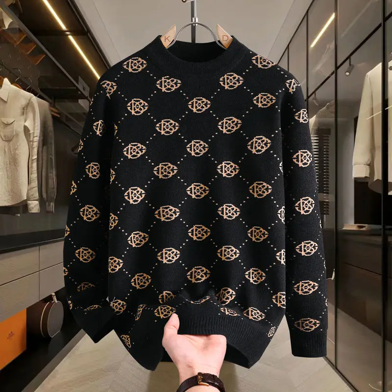 

Мужской круглый вязаный свитер Thened, теплый базовый слой, модный трикотаж с цветочным узором, повседневный длинный топ све