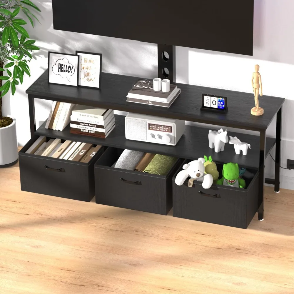 حامل تلفزيون دوار قابل للتعديل مع حامل مدمج ومخرج طاقة لأجهزة التلفاز مقاس 32-65 بوصة، ومركز ترفيه بإضاءة LED