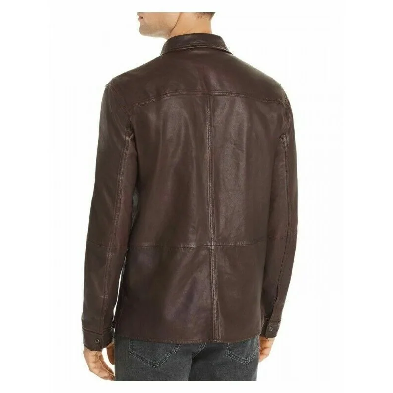 Men's Brown Leather Shirt 100% Genuine Sheepskin Soft Vintage Fashion Shirt European and American Fashion Trend