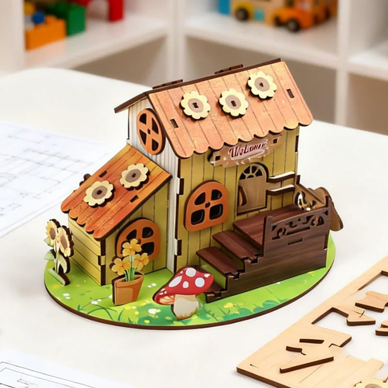 DIY Wooden 3D Puzzle Mushroom Cottage Model, Colorful Spray-Paint Fairytale House Building Kit, Montessori Educational Toy