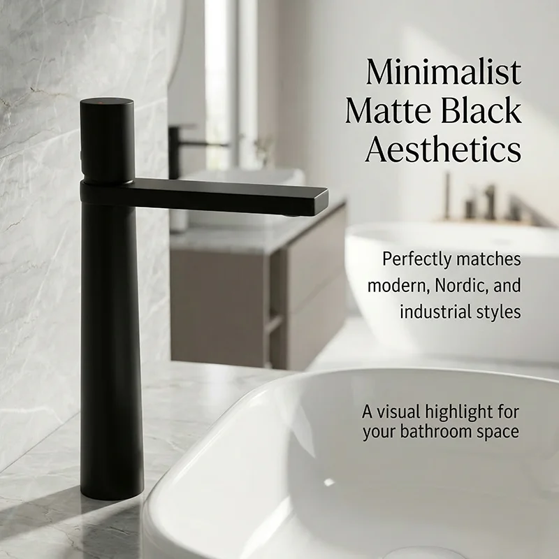 

Matte black modern minimalist basin faucet | Brass body | Single handle hot and cold dual control | Bathroom basin single hole