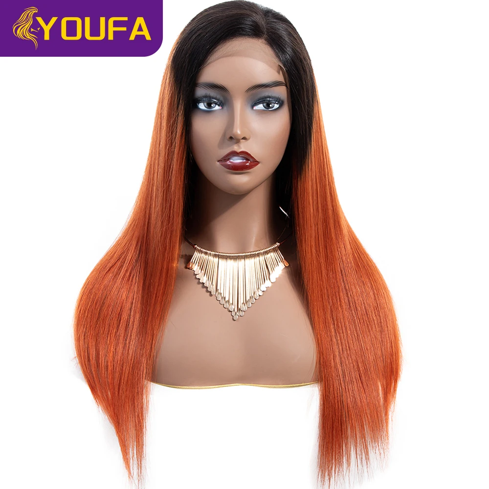 YOUFA Ombre Orange Lace Front Human Hair Wigs With Baby Hair 4x4 Swiss Lace Closure Wig 28Inch 1B 350 Pre Colored Lace Front Wig