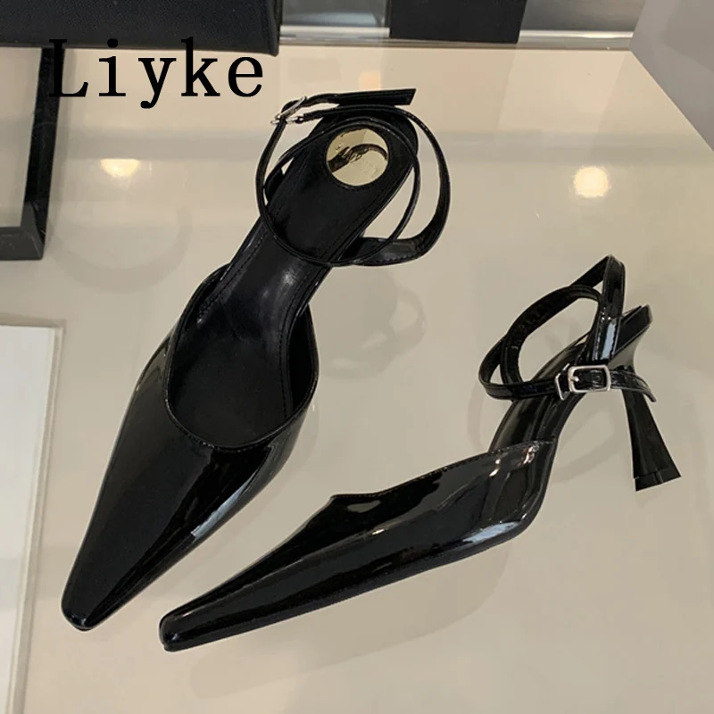 Liyke Summer Fashion Ankle Buckle Strap Sandal Women Pumps Elegant Pointed Toe Stiletto High Heels Mules Lady Party Dress Shoes