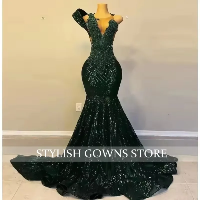 

Emerald Green Prom Dresses Black Girls 2026 Crystal Sequin Mermaid Party Dress Sheer Neck African Evening Gowns Customized