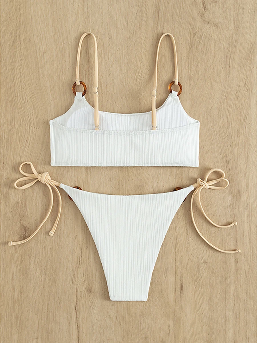 

Women Bikini Set Striped Sleeveless Bra with Low Waist Lacing Briefs Summer Bathing Swimsuit