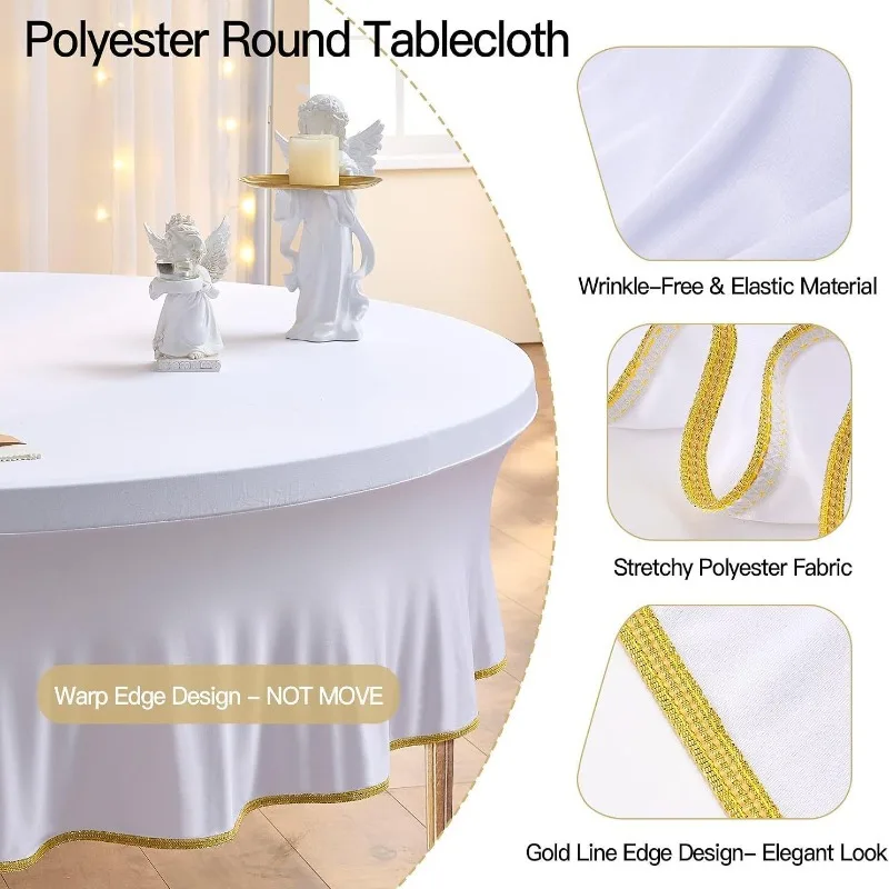 6FT White Spandex Round Table Cover Warp Edge Gold‑Trimmed Anti‑Slip Stretch Tablecloth For Wedding Banquet Party Table Decor