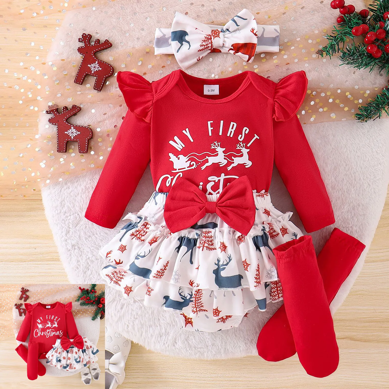 

2025 Baby Girl One Month Outfit Newborn Girl Christmas Clothes Fashion Printed Long Sleeve Romper Tutu Skirt Kids Ballet Wear