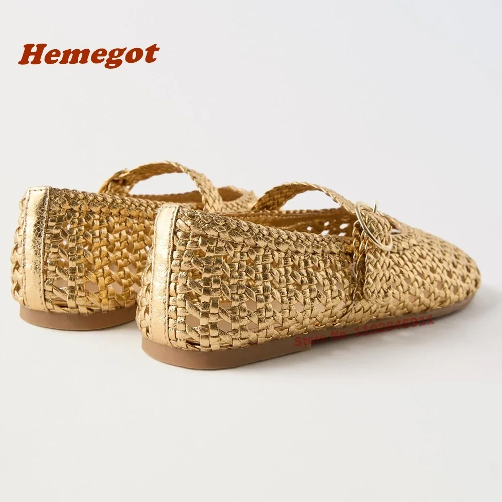 Hollow Out Weaven Flat Pumps Round Toe One Strap Buckle Women's Sandals Shallow Gold Metallic Summer Casual Shoes Newest 2024