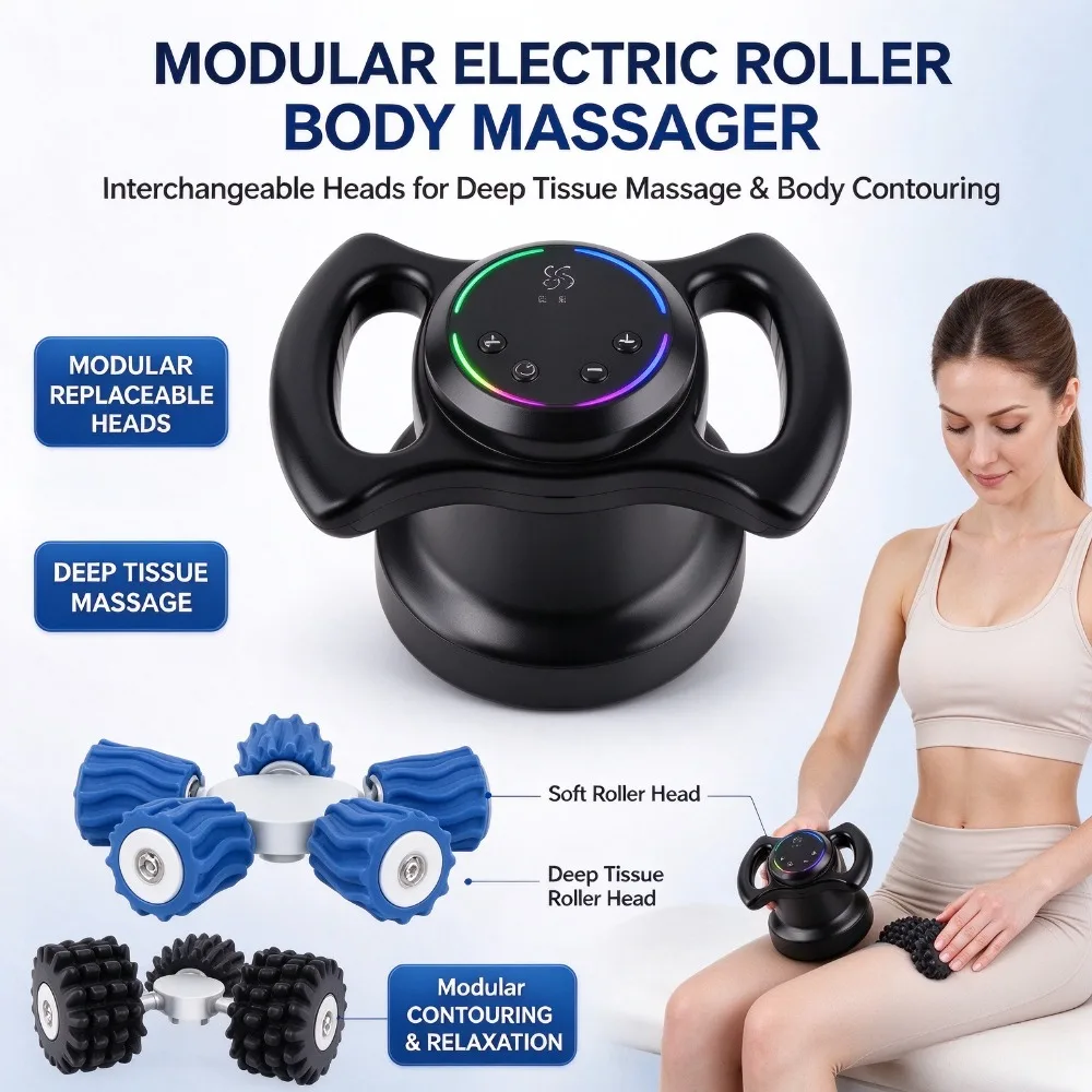 Electric Roller Body Massage Machine, Modular Replaceable Massage Heads, Deep Tissue Anti-Cellulite Body Shaping Massager