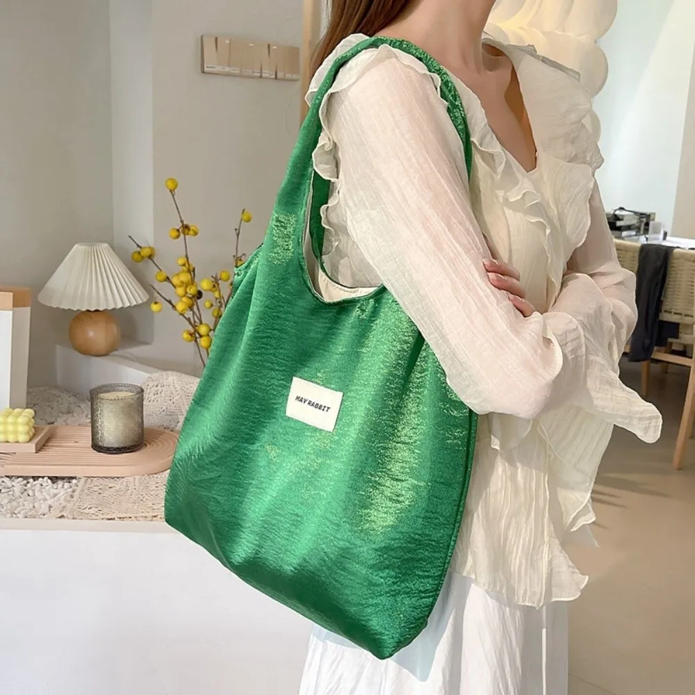 Large Capacity Satin Silk Tote Bag Elegant Foldable Simple Shoulder Bag Lightweight Solid Color Underarm Shopping Bag Gift