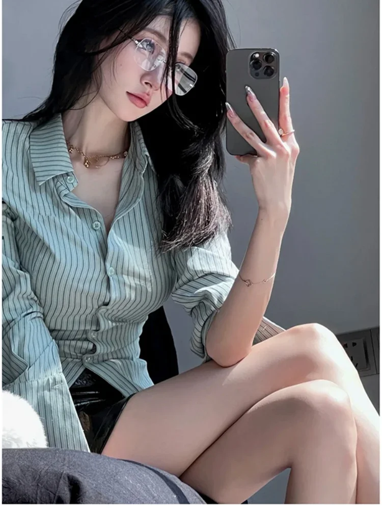 Slim Shirts Women Striped Simple All-match Korean Style Daily Sexy Elegant Harajuku Trendy Casual Hotsweet Colorful Summer Retro