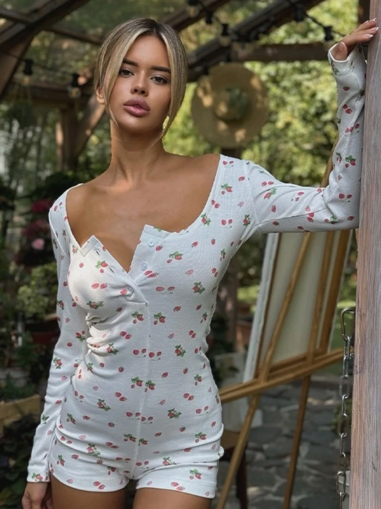 Square Collar Playsuit Women Rompers Floral Printing Combinaison Femme Long Sleeve Bodysuits Bodycon One-pieces Ropa De Mujer